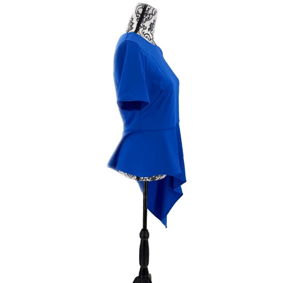 Vince Camuto Crepe Ponte Dramatic Asymmetrical Peplum Royal Blue Boss Babe Top - Picture 9 of 10